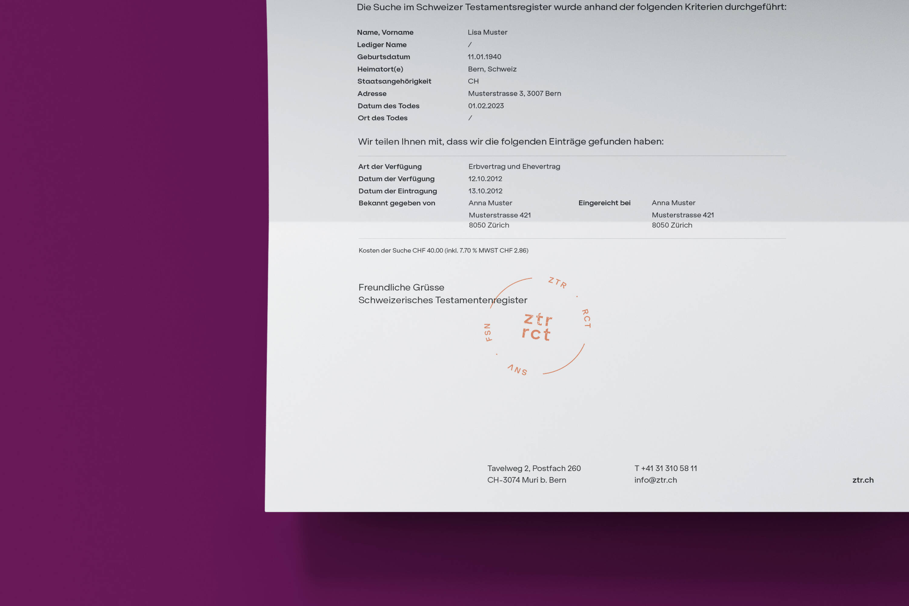 Stempel Schweizerisches Testamentenregister ZTR Stempel Schweizerisches Testamentenregister ZTR