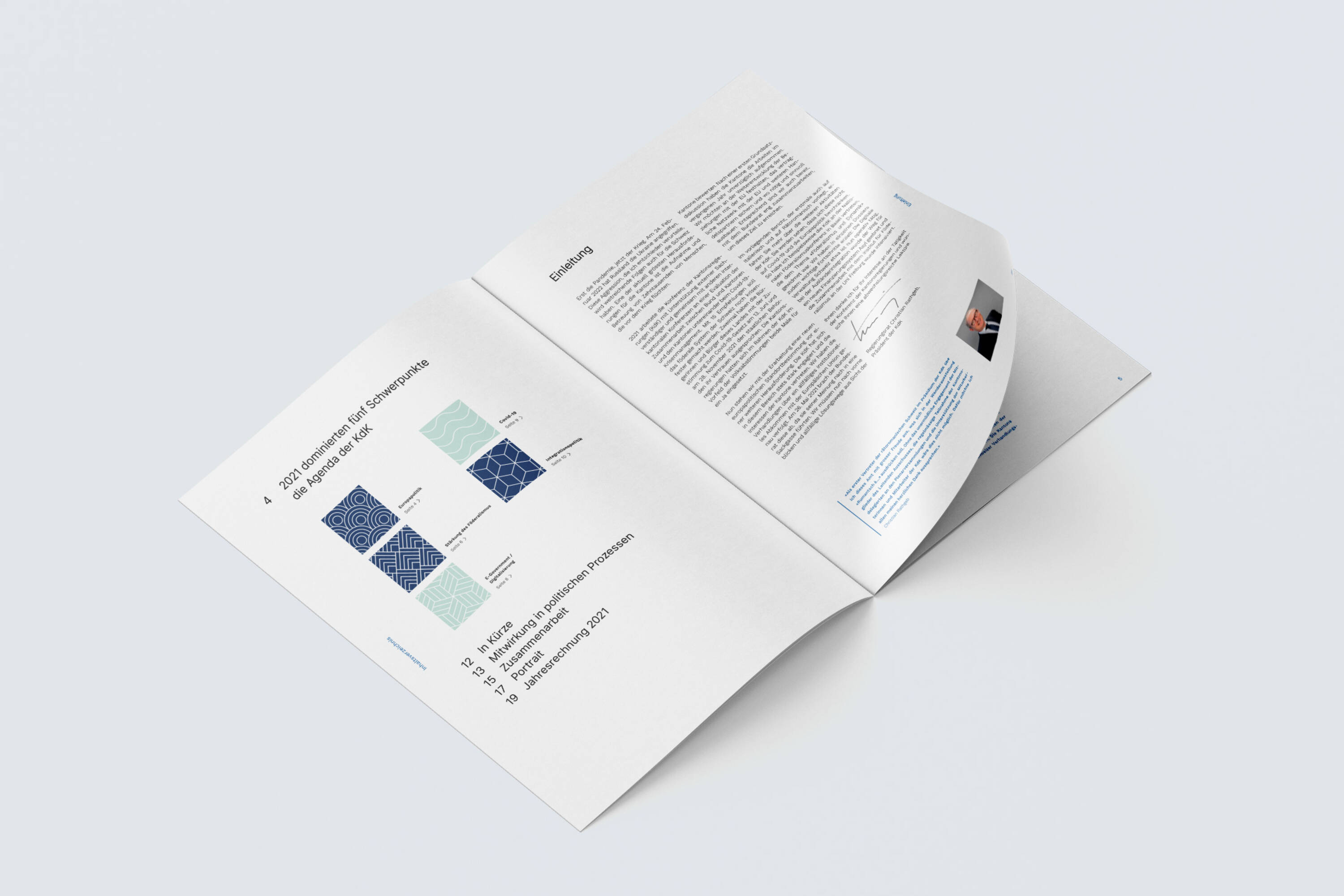 KdK Jahresbericht 2021, Bild 2 Jahresbericht 2021 deutsch der KdK, erste Doppelseite mit Inhaltsverzeichnis und Einleitung