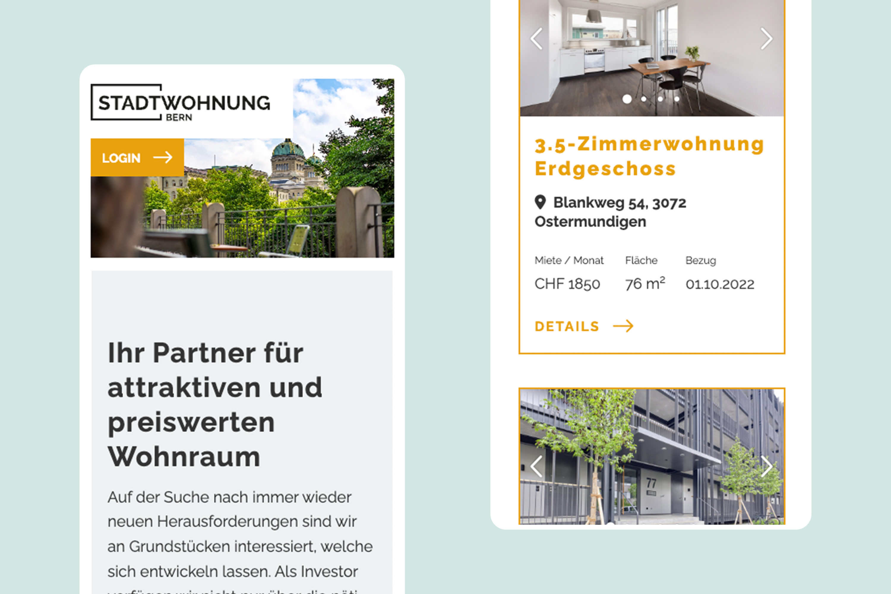 stadtwohnung-bern.ch, Beispiel Mobilansicht stadtwohnung-bern.ch, Beispiel Mobilansicht