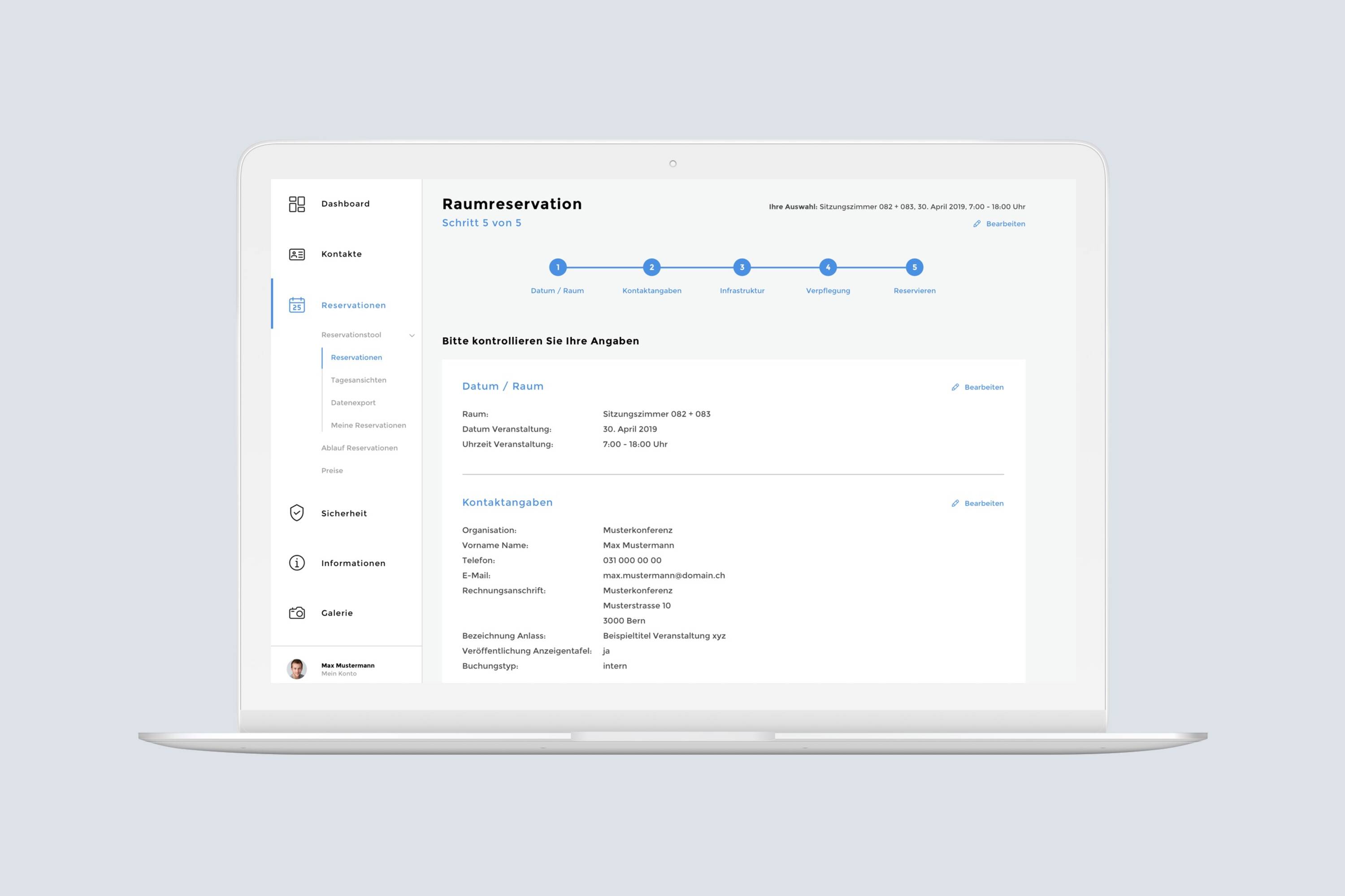 Haus der Kantone Reservationstool Screenshot Haus der Kantone Reservationstool
